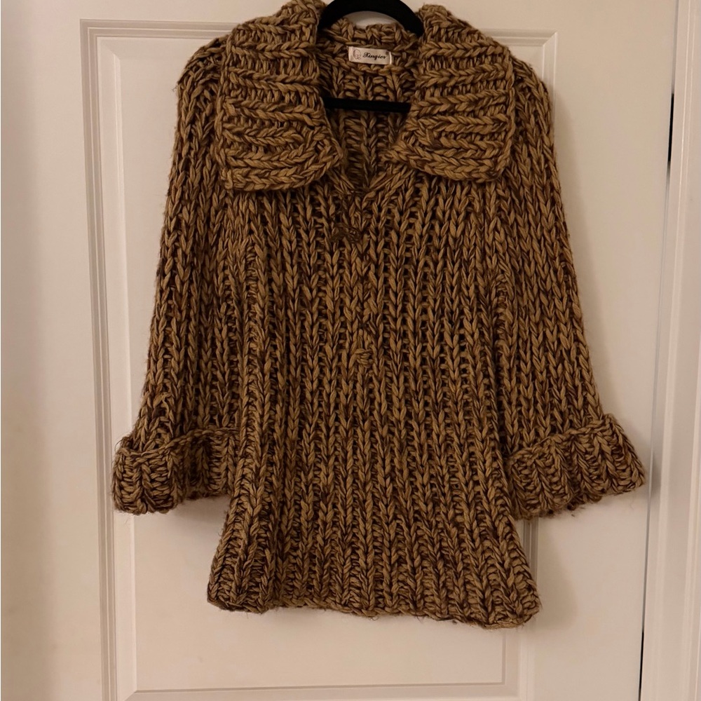 Vintage Chunky Knit Brown Women's Sweater with Fold Collar